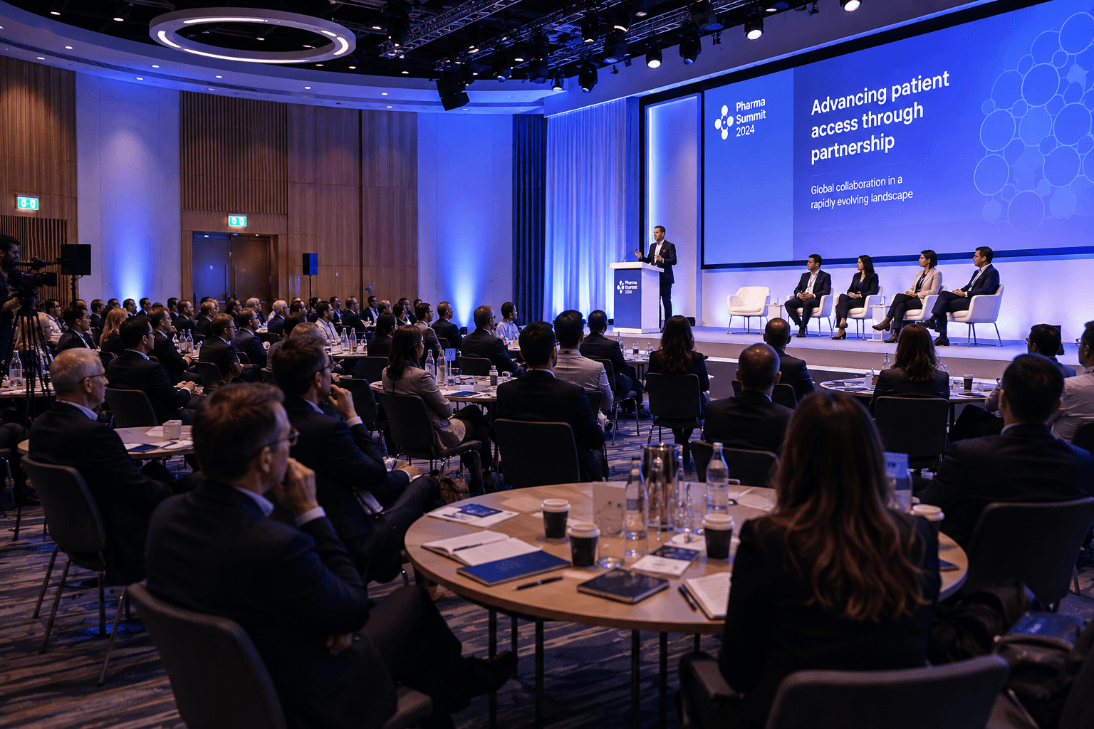 Blue pharma summit stage with delegates seated in rows