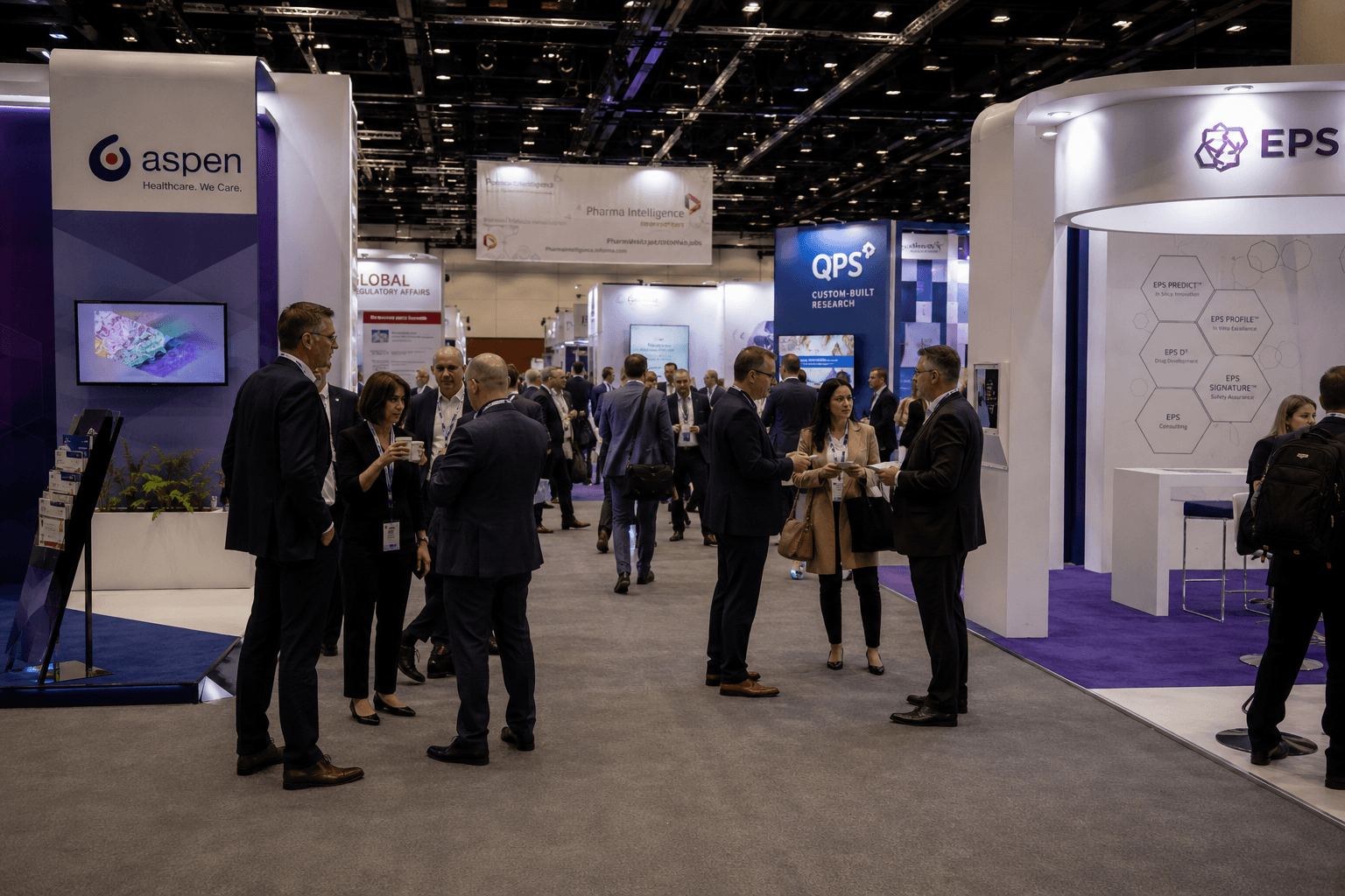 Pharma exhibition floor with sponsor booths and delegates